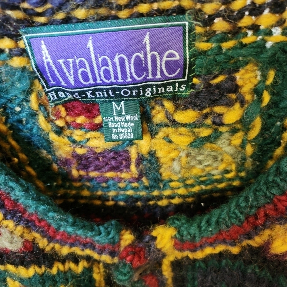 Vintage 90's Avalanche‎ Colorblock Hand-Knit 100% Heavy Wool Sz. M Cardigan - Picture 5 of 7